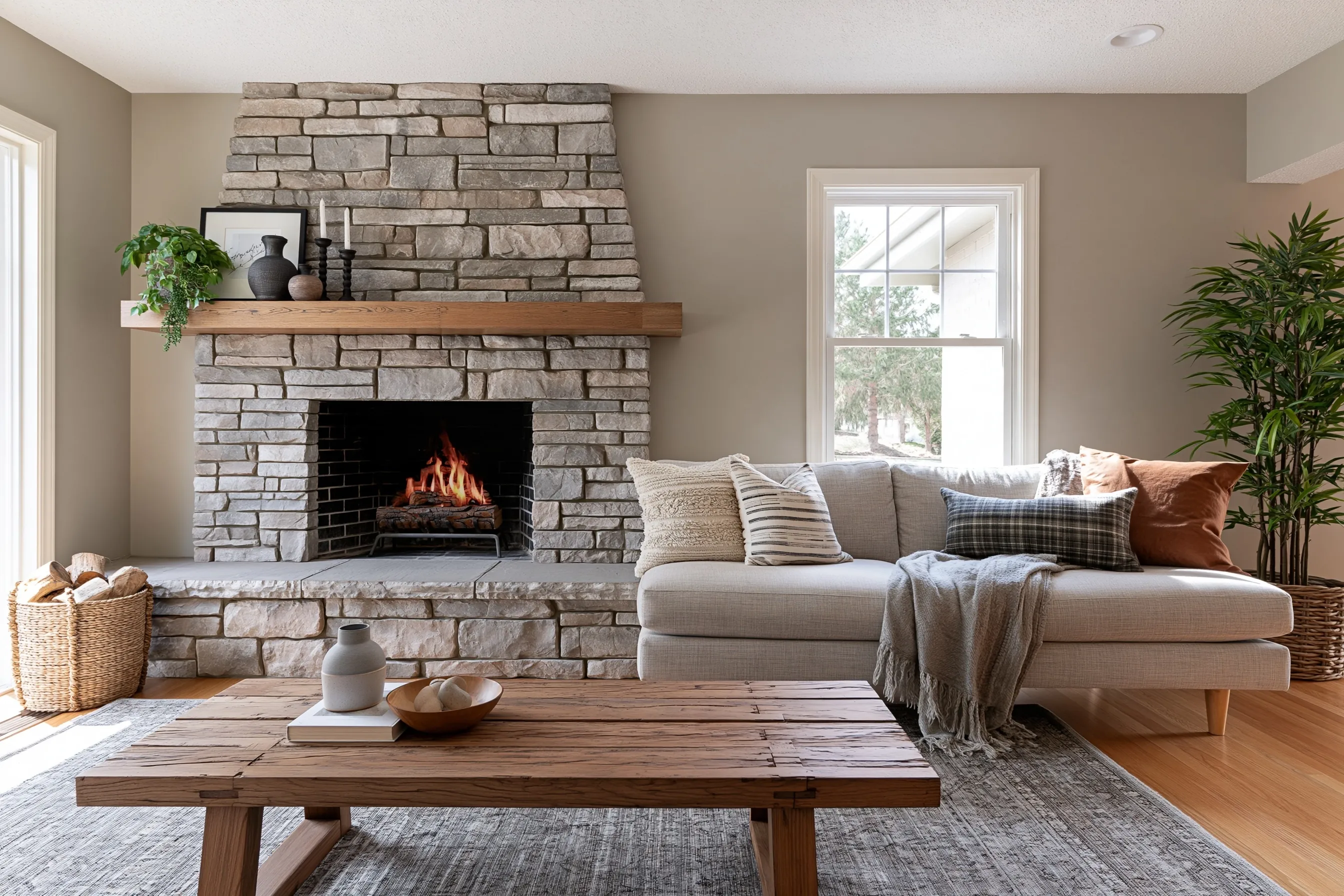 Fireplace in a rambler living room faced in light stacked stone up to the ceiling, with a wood mantel and a long raised stone hearth