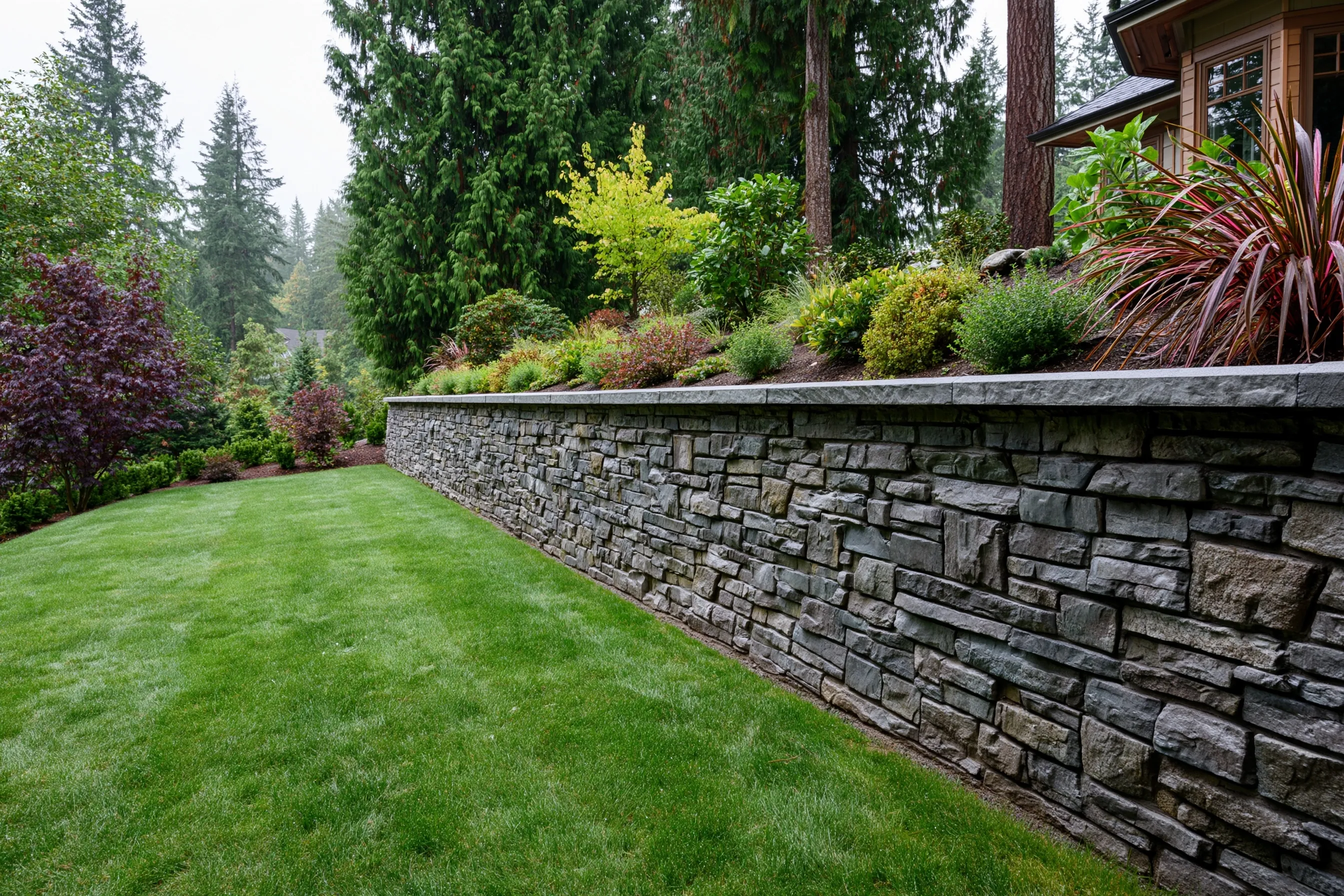 Long stone-faced retaining wall with a flat stone cap, a planted bed above and a lawn below
