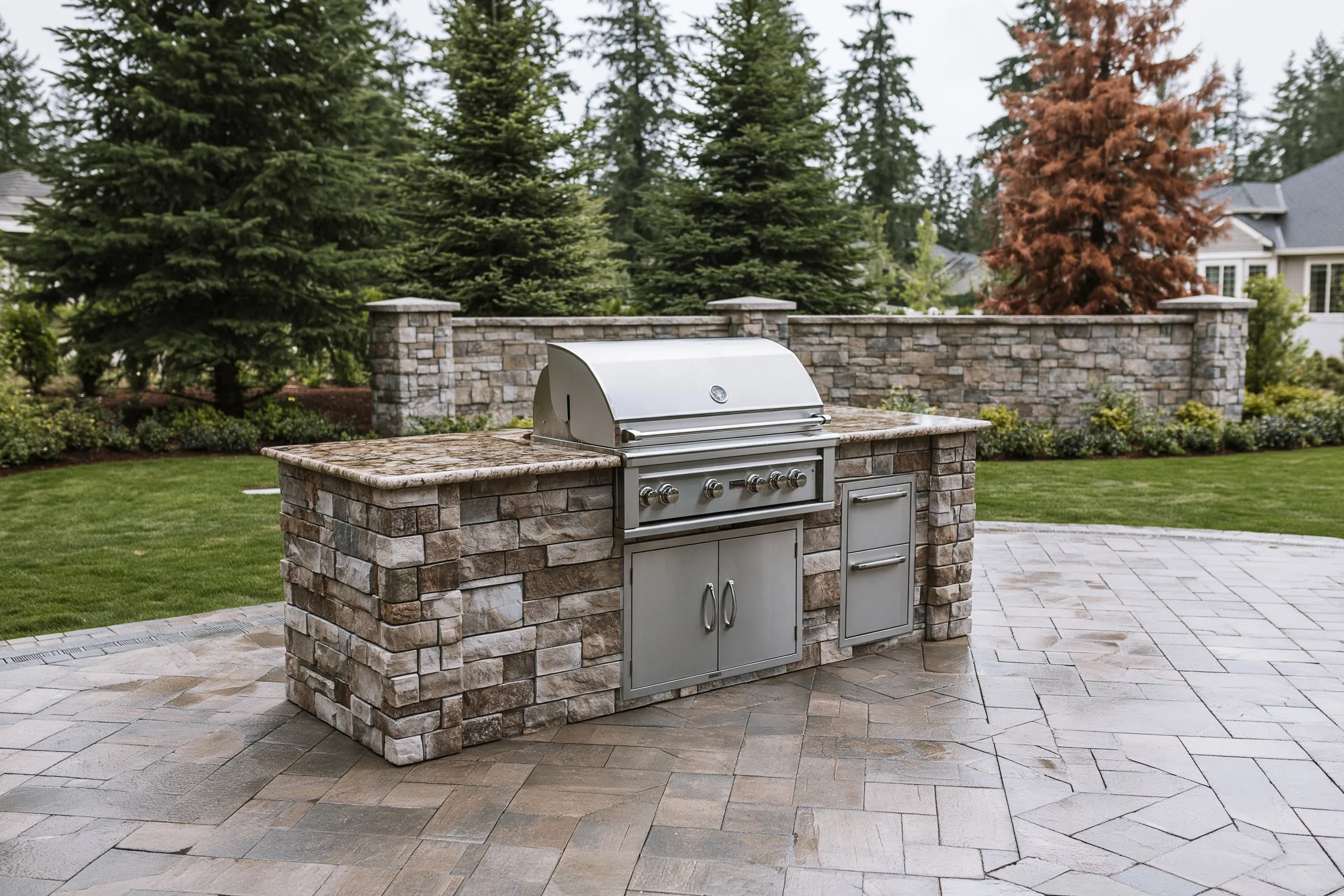 Stone grill island with a granite top, a stainless grill, double doors and a drawer stack on a paver patio, with a low stone wall and pillars behind