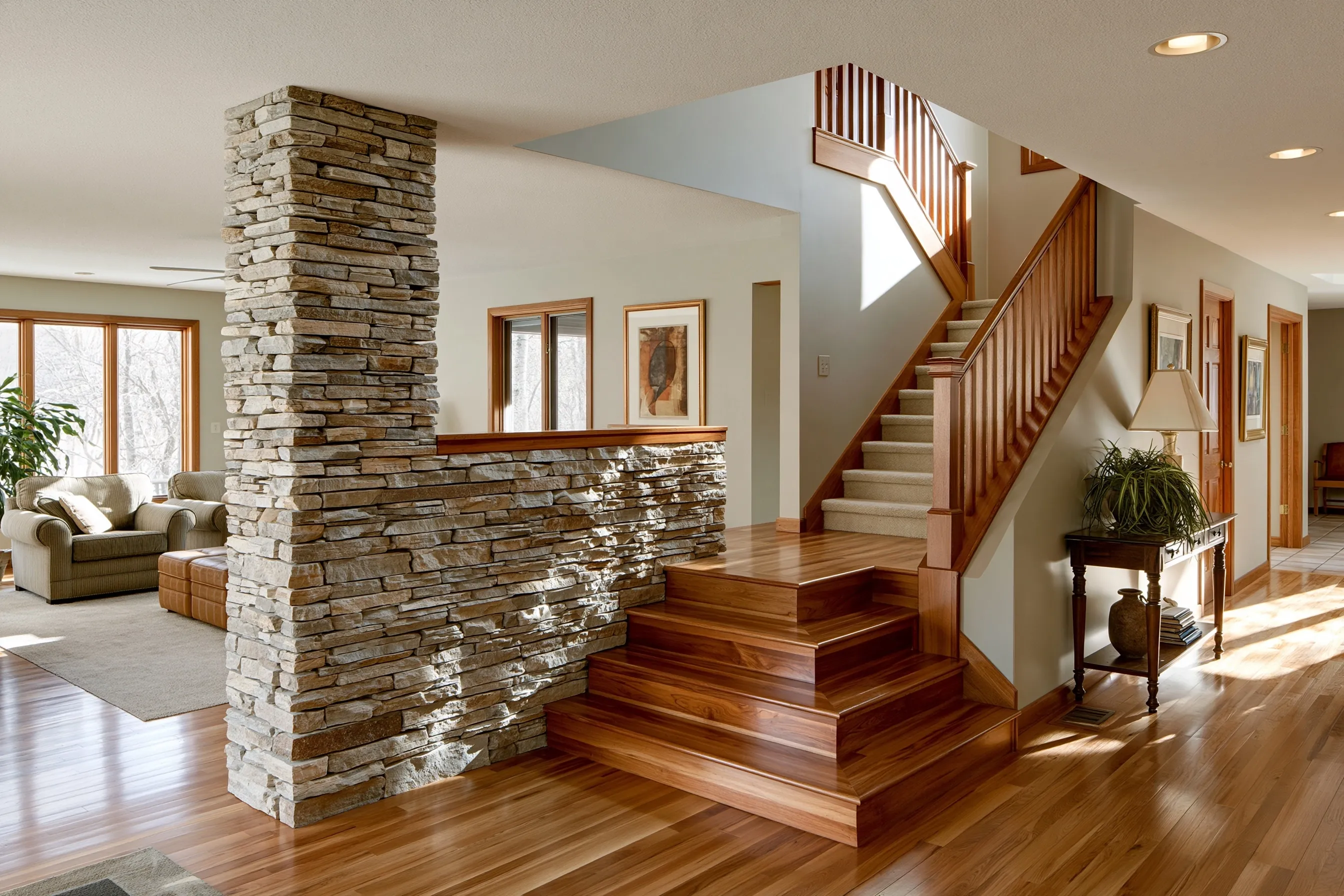 Stacked stone half wall with a wood cap and a stone post up to the ceiling, between a living room and an entry stair