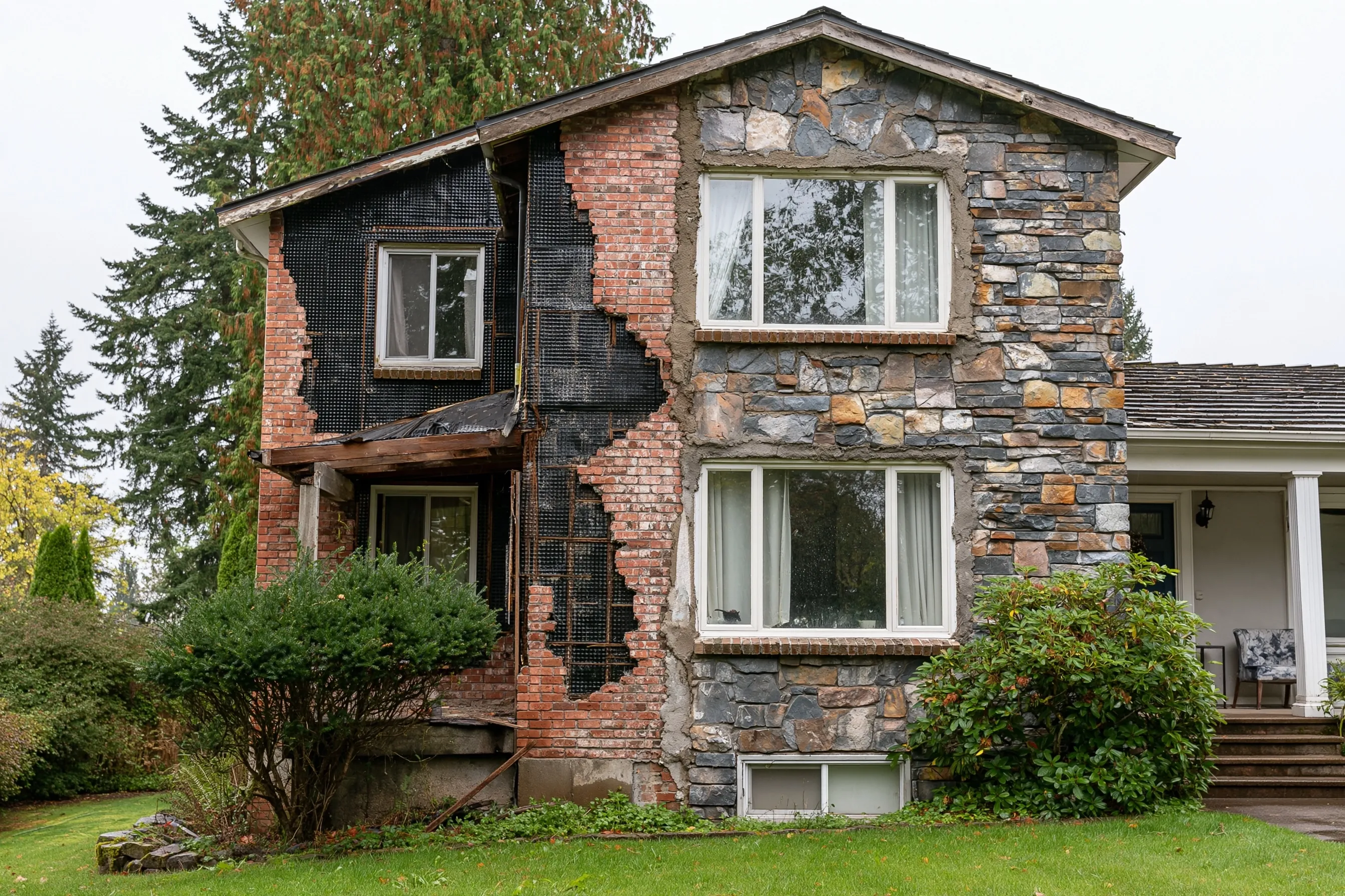 Two-story house front with old red brick partly taken off down to black lath and the rest of the wall already faced in stone