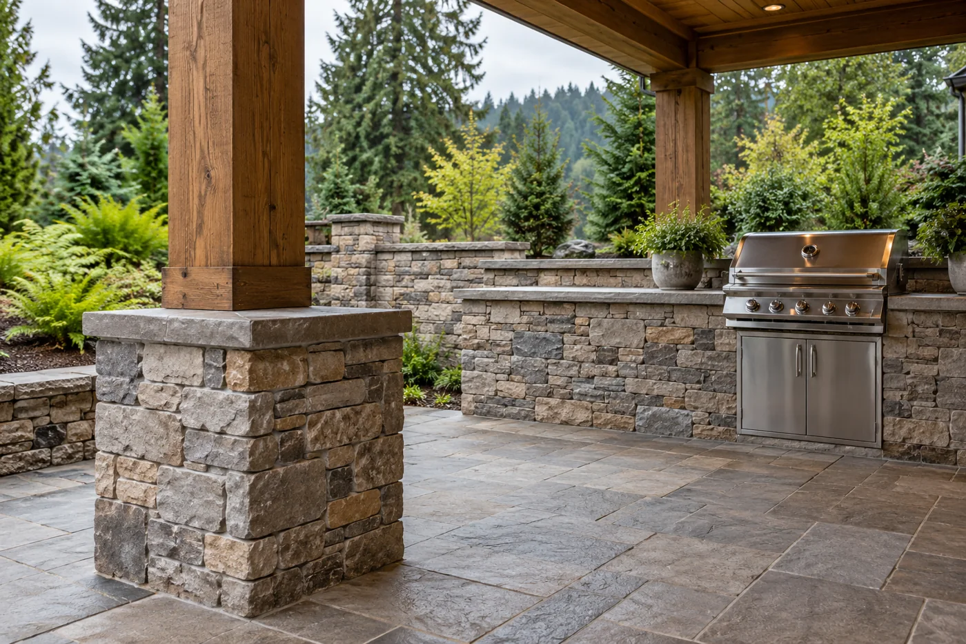 Covered patio with a stone-clad column base and matching outdoor kitchen beneath a timber roof