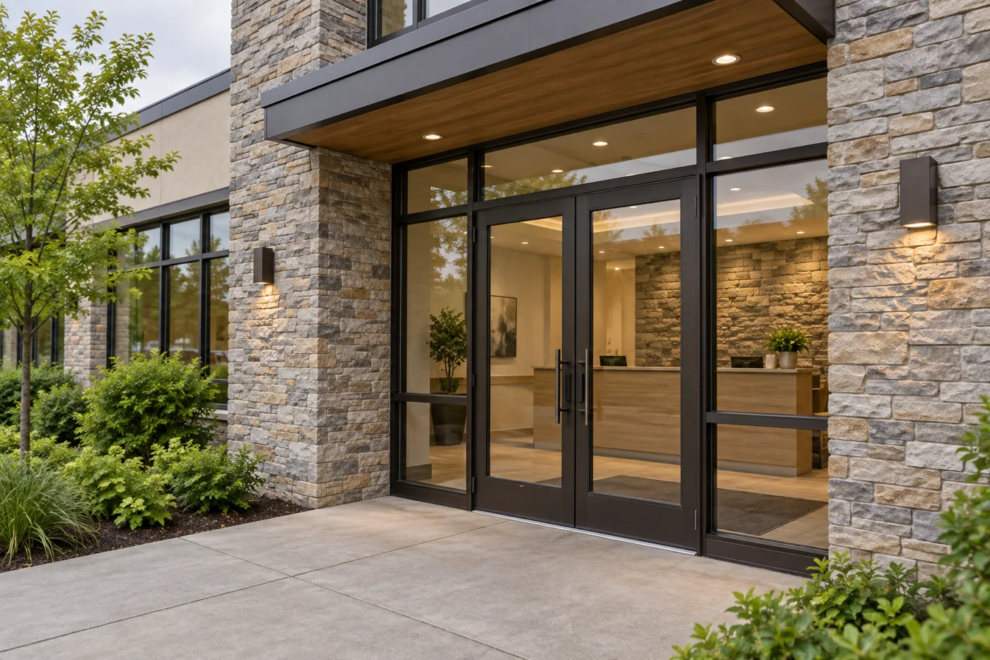 Stone-clad office entrance with a reception counter and stone backdrop visible through glass doors