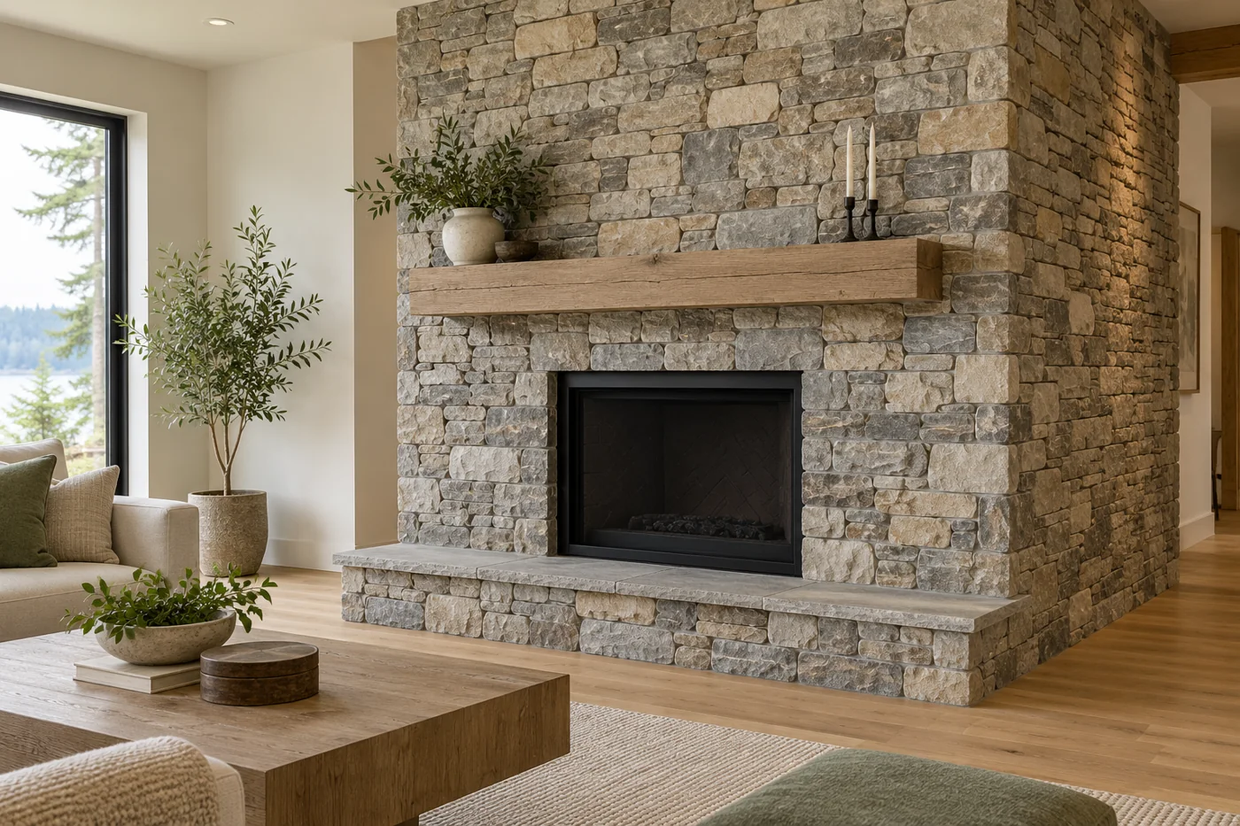 Stone fireplace surround and return wall with an unlit black firebox, timber mantel and low hearth
