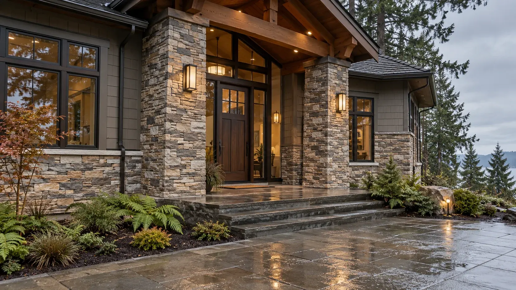 Home entrance with two stone-clad columns, gray siding and a timber porch gable